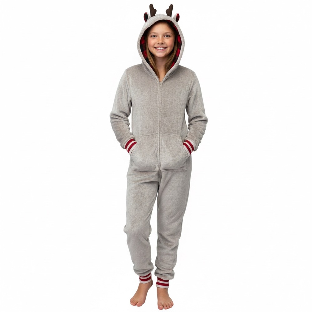 Canadiana Cozy Fleece Hooded Reindeer Pajama Onsie Unisex Boy Girl Size 14 16 XL
